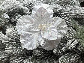 Новорічний квітка на ялинку "Магнолія оксамит гліттер, 22 см, білого кольору