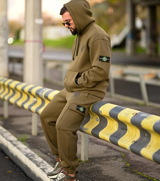 Зимовий чоловічий спортивний костюм Stone Island Olive на флісі (трьохнитка)