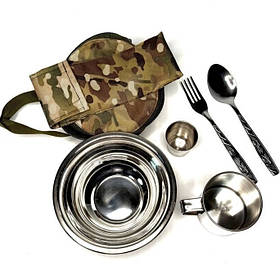 Військовий набір посуду 07-1 Multicam у сумці Oxford 600D - польовий комплект з нержавійки для армії, ТРО та волонтерів