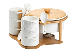 Керамічний суповий сервіз супниця 1.8 л піали бульйонниці по 250 мл 6 штук із ложками на дерев'яній підставці