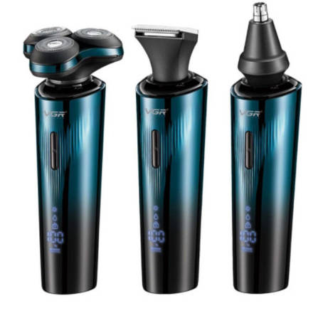 Електробритва VGR V-303, 3 в 1, 3 насадки, IPX7, LED display, Green, фото 1