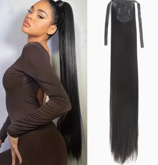 Хвіст шиньйон на стрічках прямий довгий чорно - коричневий 85 см, фото 1