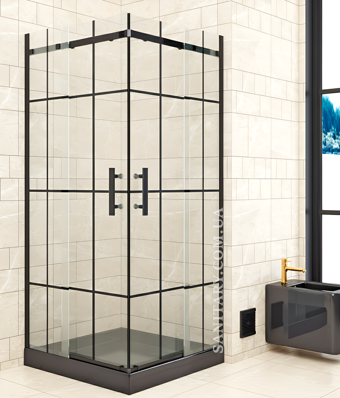 Душова кабіна 90x90х190 см без піддону Shower Merkur квадратна загартоване скло 6мм чорний профіль MRK-232, фото 1