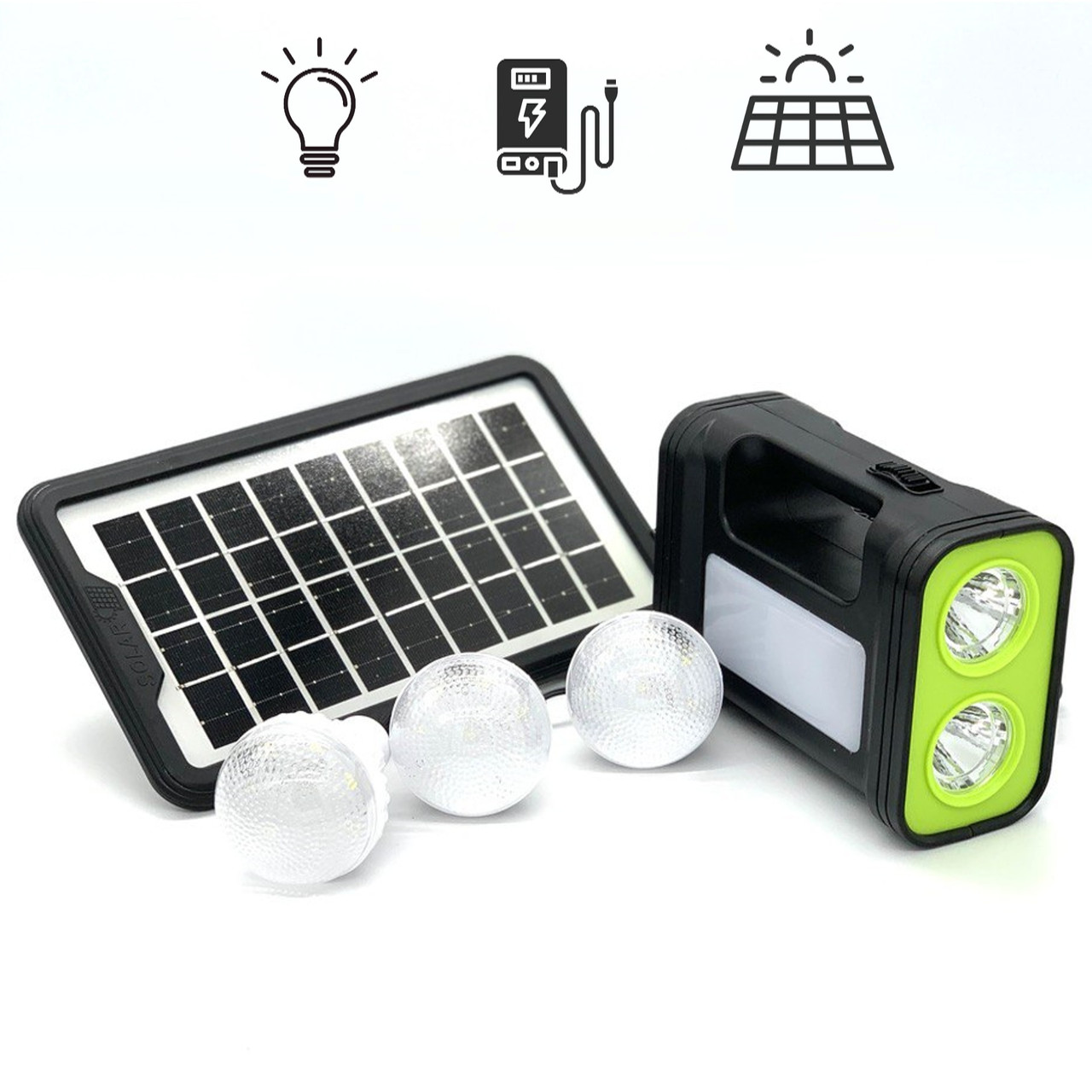 Переносний ліхтар GD-C7  Solar, 1+1 режим, вбудований акум, 3 лампочки 3 W, USB-вихід, сонячна станція, фото 1