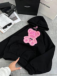 Жіночий базовий осінній теплий батник Ведмедик худий з капюшоном оверсайз толстовка тринити на флісі спортивна кофта