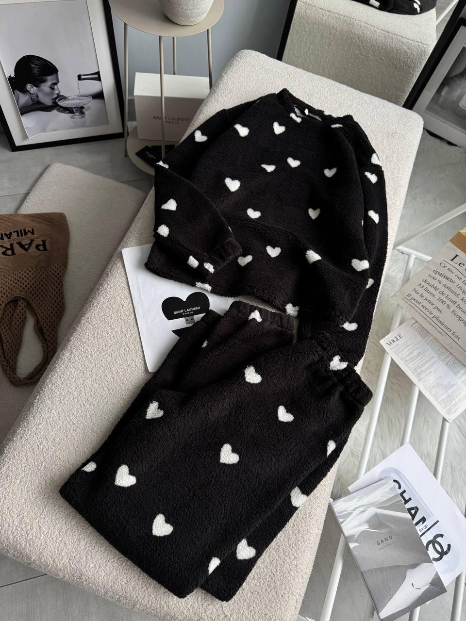 Тепла зимова жіноча модна махрова піжама кофта та штани костюм серця подарунок домашній комплект для сну плюш махра Тедді, фото 1