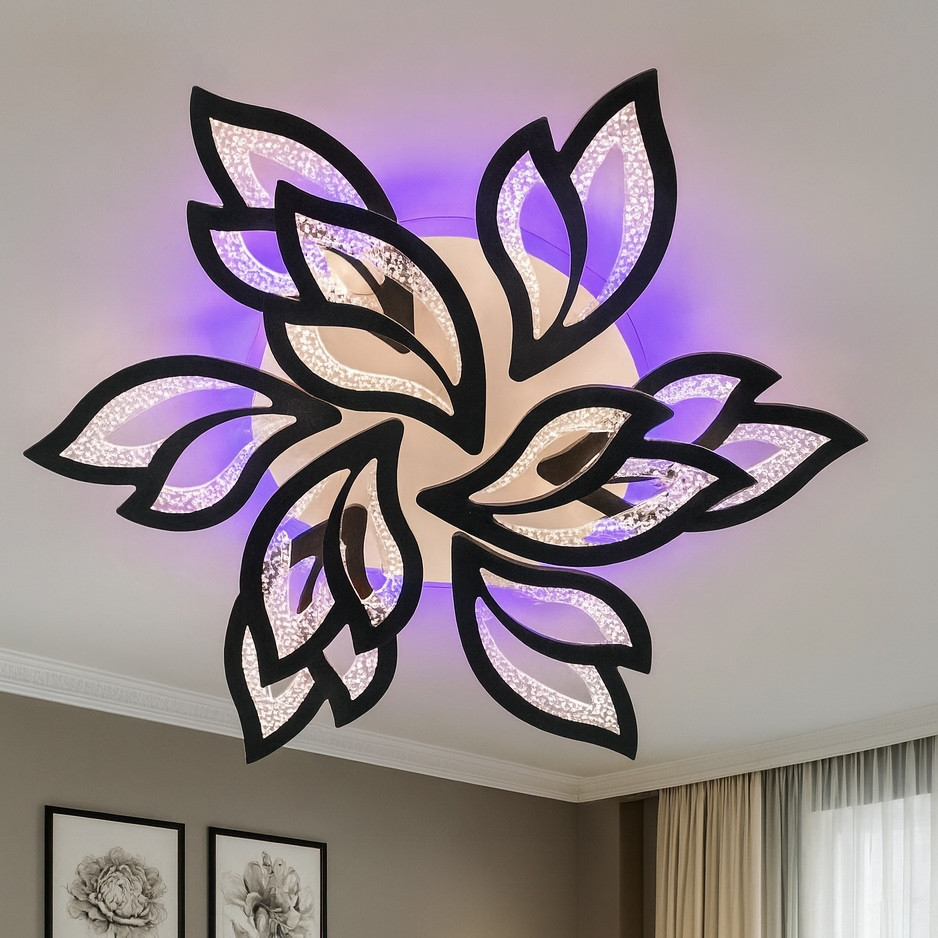 Світлодіодна Led-люстра до 20 м² з пультом на 9 пелюстків у чорному корпусі 140 Вт, фото 1