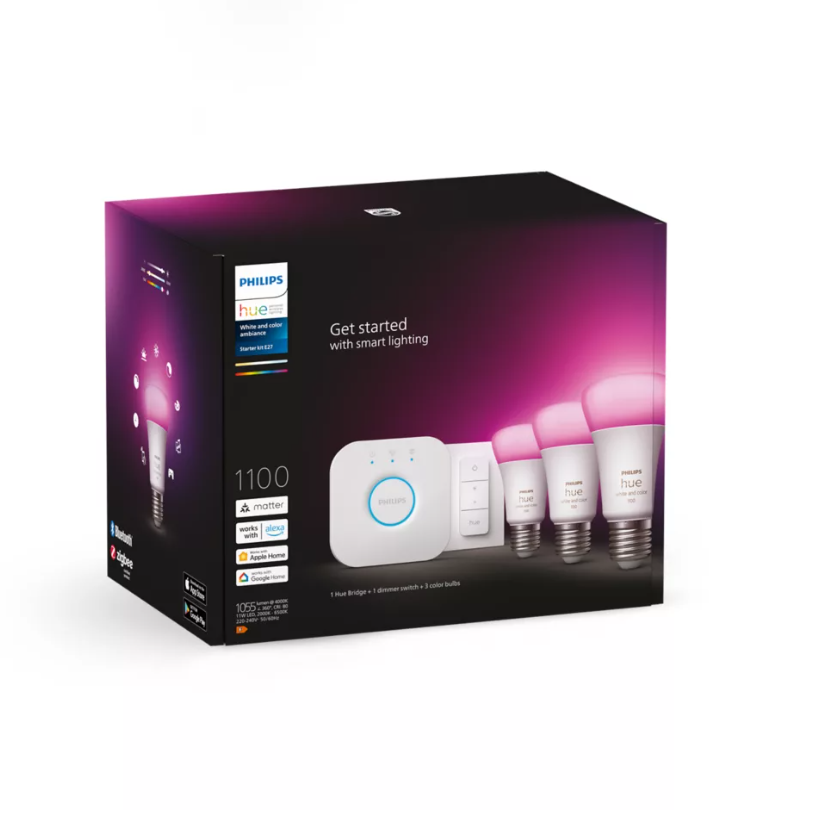 Стартовий комплект Philips Hue E27 White and Color 1100лм 75Вт 3 шт. + Dimmer + Блок керування Philips Hue Bridge, Apple HomeKit, фото 1