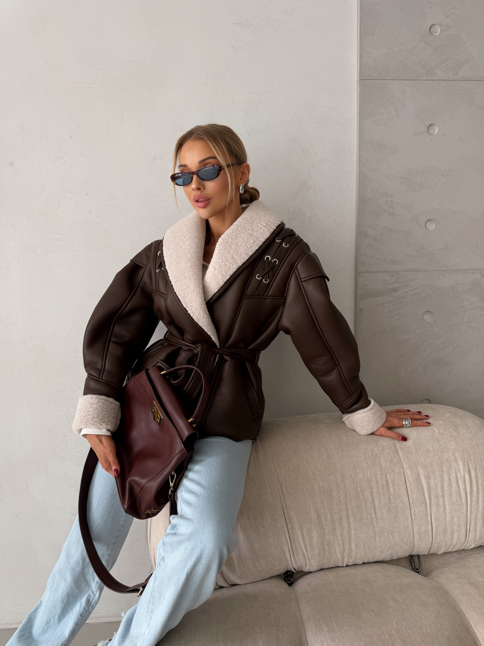 Жіноча дублянка вільного крою з поясом, фото 1