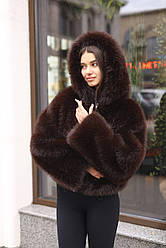 Жіноча шоколадна коротка зимова шубка з капюшоном зі штучного хутра