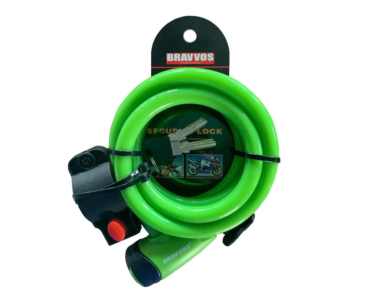 Замок тросовий на ключі BRAVVOS LOC-065-110 1500мм *12мм зелений AM (брендоване пакування)