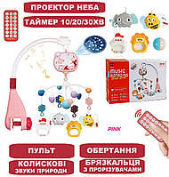 Мобіль на ліжечко Youbeien дитяча карусель з проектором колискові звуки природи пульт таймер обертання Pink (RT 668-15)