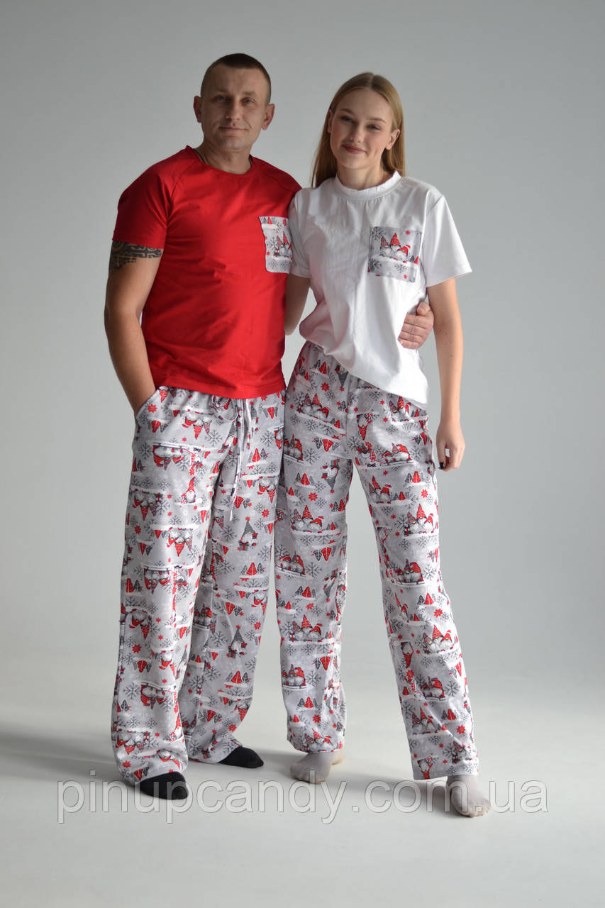 Піжами парні бавовняні Family Look Він і Вона новорічний принт Гномики (розміри S-3XL), фото 1
