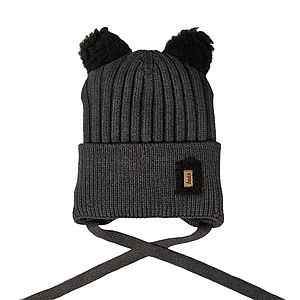 Антрацит Зимова дитяча тепла шапка з двома помпонами на флісі з зав’язками р 50