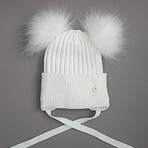 Зимова шапка для дівчинки розмір 46-48 тепла в'язана модель з флісом та двома пухнастими помпонами 1-2 роки, фото 4