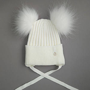 Молочна В’язана зимова шапка для дівчинки розмір 50-52 з флісовою підкладкою та двома помпонами 3 4 5 роки