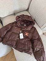 Женская куртка-пуховик Celine (Селин) шоколадная укороченная с капюшоном зимняя S/M