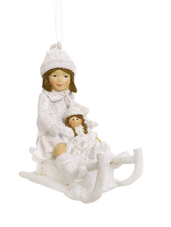 Ялинкова прикраса Дівчинка на санчатах з лялькою 10.5 см, фото 1