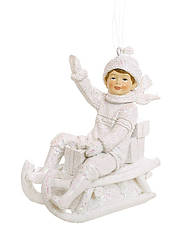 Ялинкова прикраса Хлопчик на санчатах із подарунками 10.5 см
