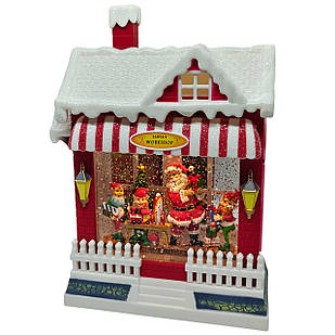 Новорічний музичний нічник ліхтар зі снігом майстерні Санти з ельфами, декоративний світильник зі снігом всередині