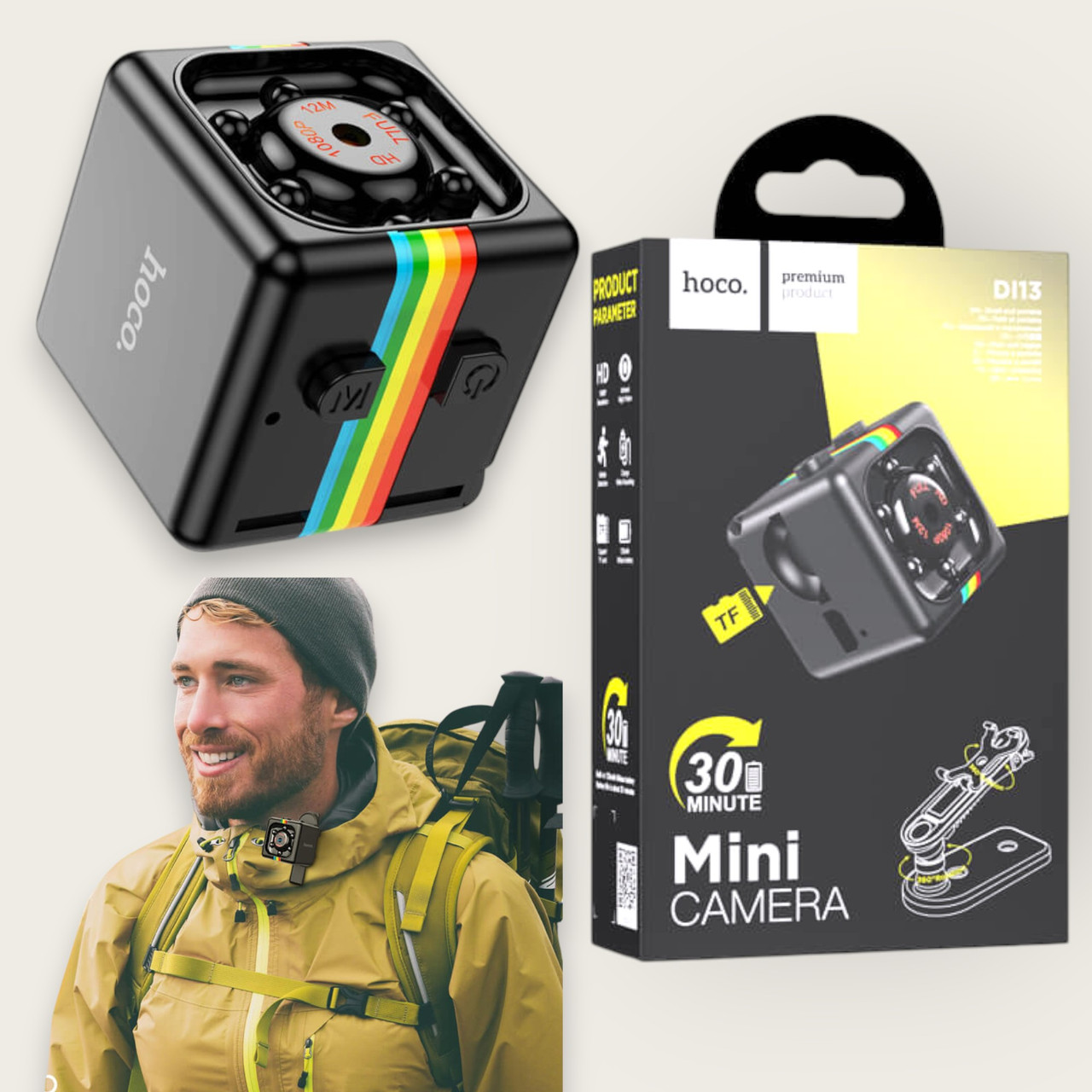 Міні камера Hoco DI13 Wi-Fi Full HD 1080P портативна прихована камера з широким кутом огляду 140°, чорна, фото 1