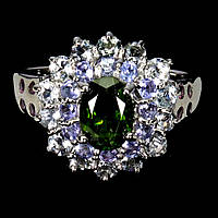 Каблучка. Натуральний хром діопсид, аквамарин, гранат родоліт і танзаніт. Срібло 925.