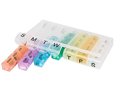 Таблетниця на 7/28 знімних комірок (різних кольорів), прямі, розділені день тижня/часу доби, пластик, 19.7*11*3.8 см