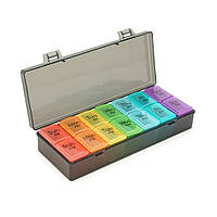 Таблетниця на 7/14 знімних комірок (різних кольорів), розділені день тижня/часу доби, пластик, 19.3*7.4*3.6 см, комірки