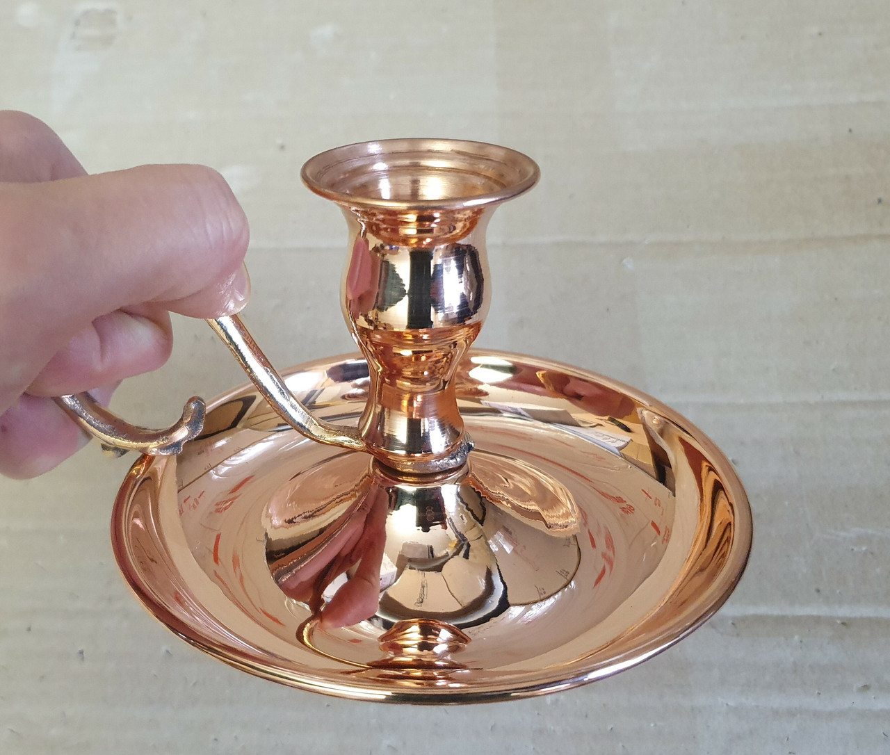 Свічник мідний. Висота - 8см, вага - 155г, діаметр блюдця - 13см, фото 1