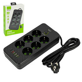 Мережевий фільтр подовжувач 2 м 6 розеток та 5 USB QC PD 10 А 2.5 кВт EU-2506PD — оригінал