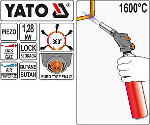 Газовий пальник 1,28 кВт, макс. темп. 1600°С, EN 417, YATO YT-36709., фото 2