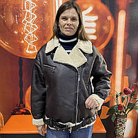 Куртка жіноча дублянка косуха хутро екокожа кишені S коричнева