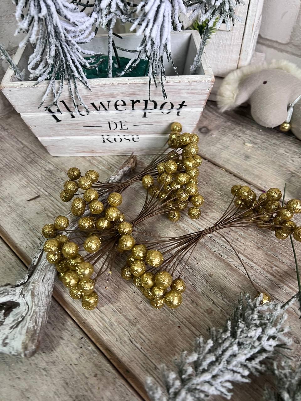 Ягідки калини в гліттері для новорічного оздоблення h-5,5 cm, 1 шт/уп, фото 1