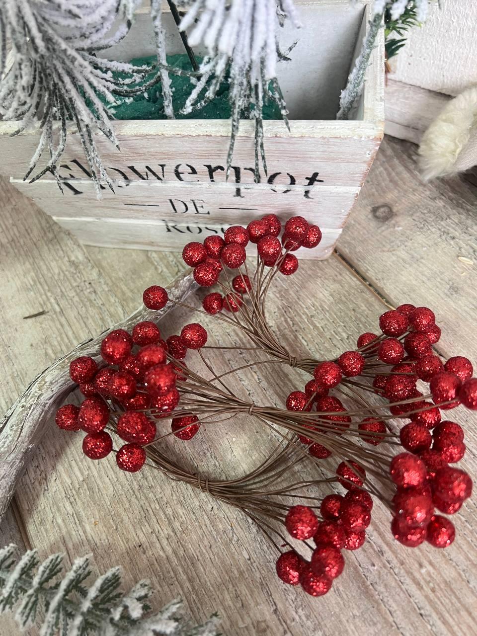 Ягідки калини в гліттері для новорічного оздоблення h-5,5 cm, 1 шт/уп, фото 1