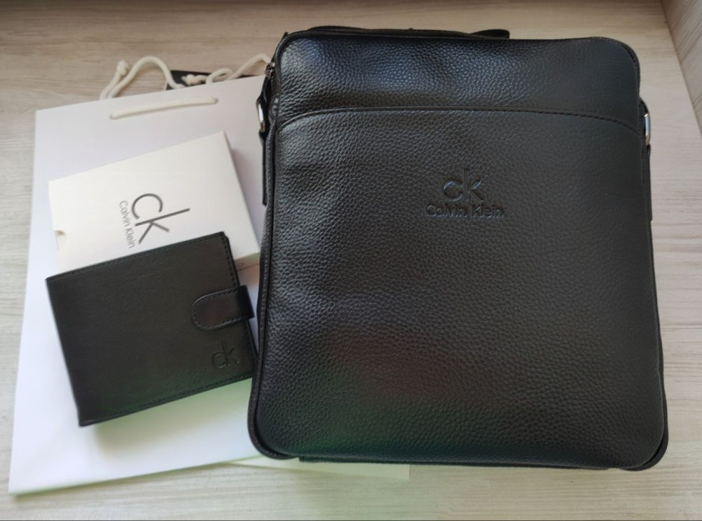 Чоловічий шкіряний набір Calvin Klein, сумка месенджер та гаманець black, фото 1