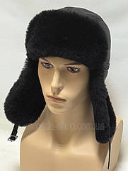 Шапка вушанка з хутра овчини та шкіри натуральна Чорна