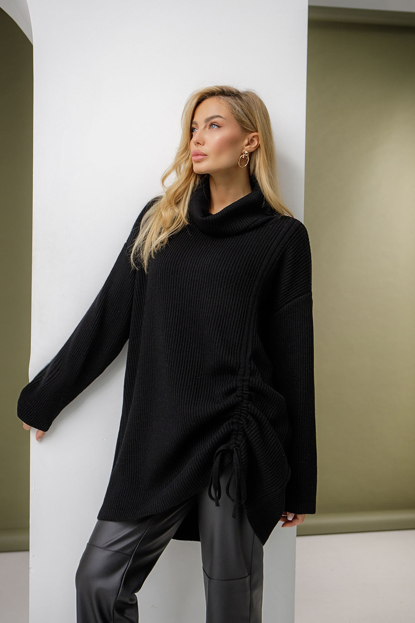 Туніка жіноча светр довгий під горло вовна хомут 42-52 чорний, фото 1
