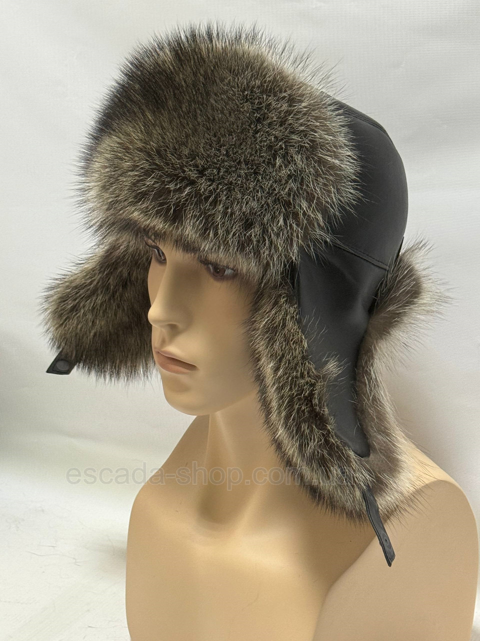 Шапка-вушанка чоловіча з натурального  хутра єнота і шкіри Сріблясто-сірий, фото 1