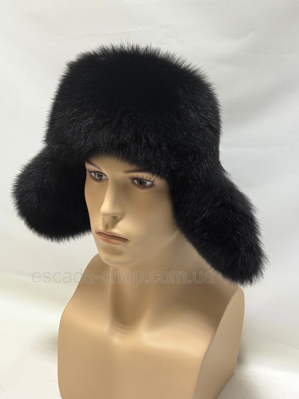 Шапка-вушанка чоловіча з натурального хутра песця і шкіри чорного кольору, фото 1