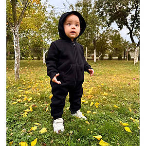 Теплий дитячий ромпер з капюшоном чорного кольору тринитка з начосом 62–74 розмір