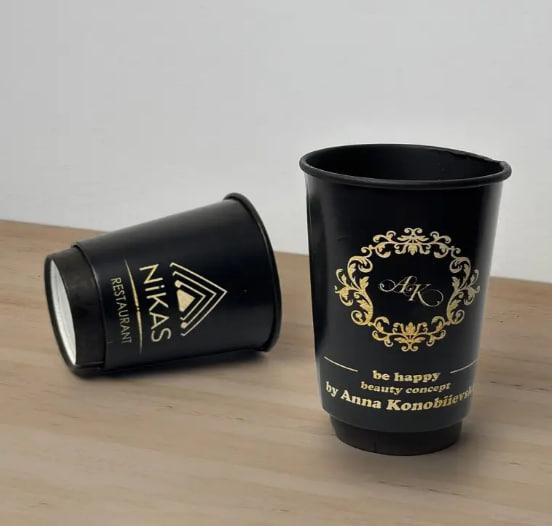 2500 шт. Стакани з логотипом, чорні двошарові, 340 мл., фото 1