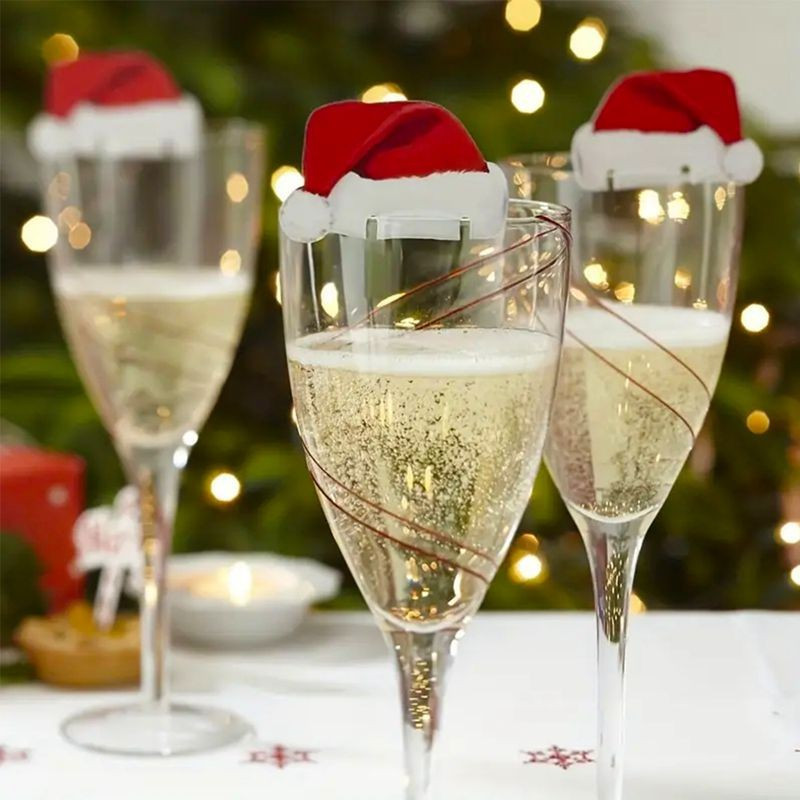 Прикраса келихів на новий рік Шапки 10 штук 60 на 35 мм червоно-білий, фото 1