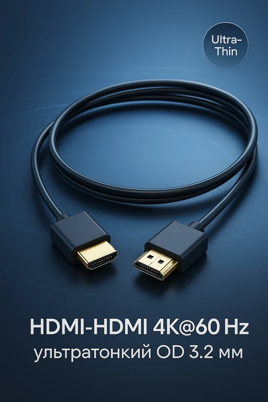 Кабель HDMI-HDMI 4K@60hz 1м ультратонкий OD 3.2mm, фото 1
