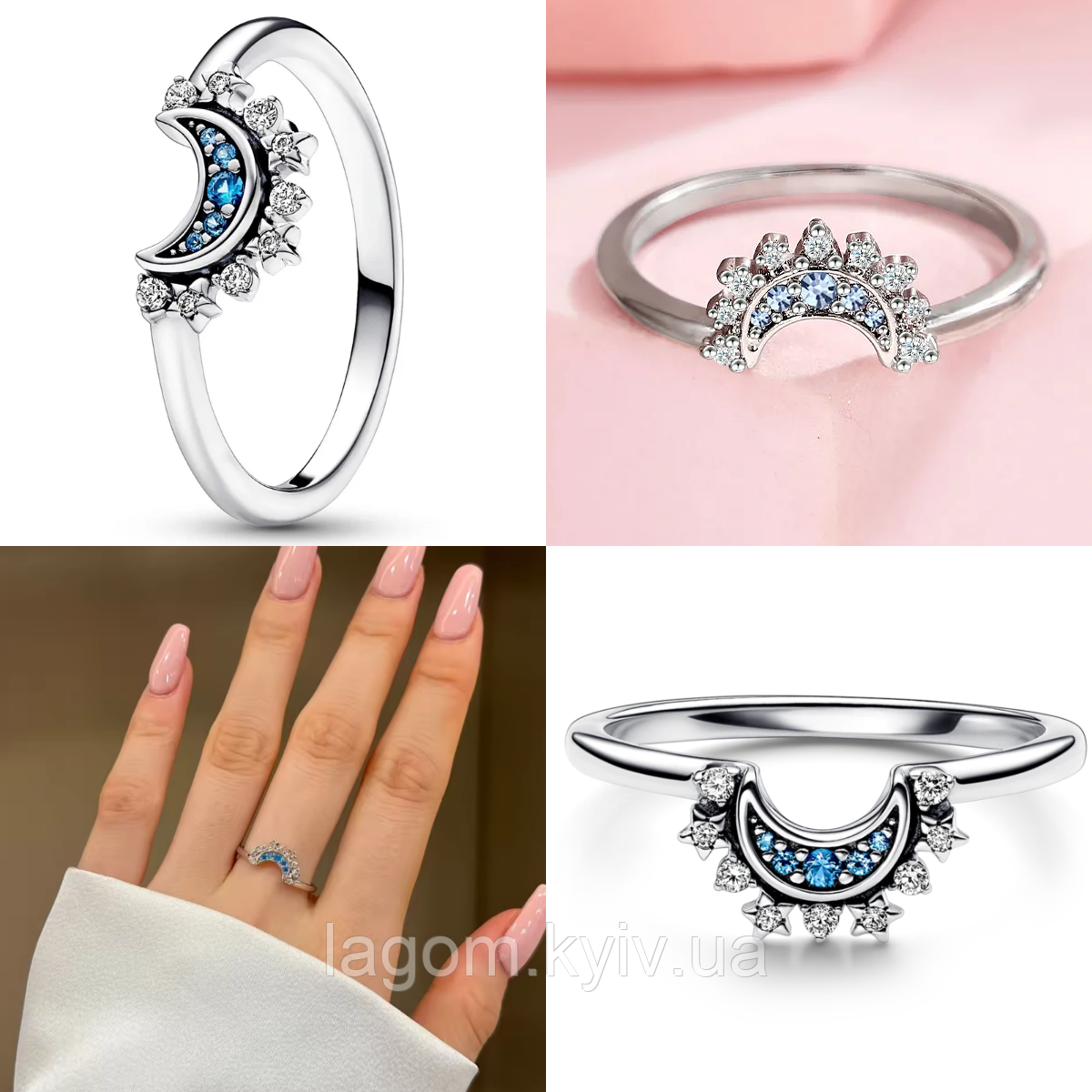 Срібна каблучка в стилі PANDORA  "Блискучий блакитний Місяць" 925 проба розмір №8 (17,5) "Sky Blue Luminous Moon" ПАНДОРА, фото 1
