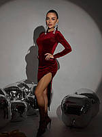 Жіноче вечірнє оксамитове плаття міді з розрізом