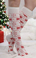 Жіночі зимові гольфи з оленями та сніжинками, гольфи по коліно новорічні 36-41, довгі білі носочки для фотосесії