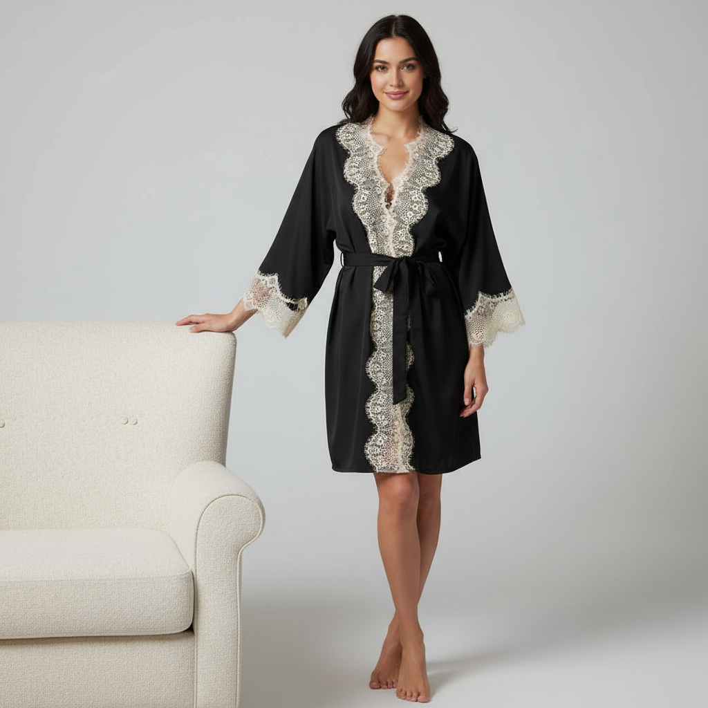 Чорний халат із мереживом