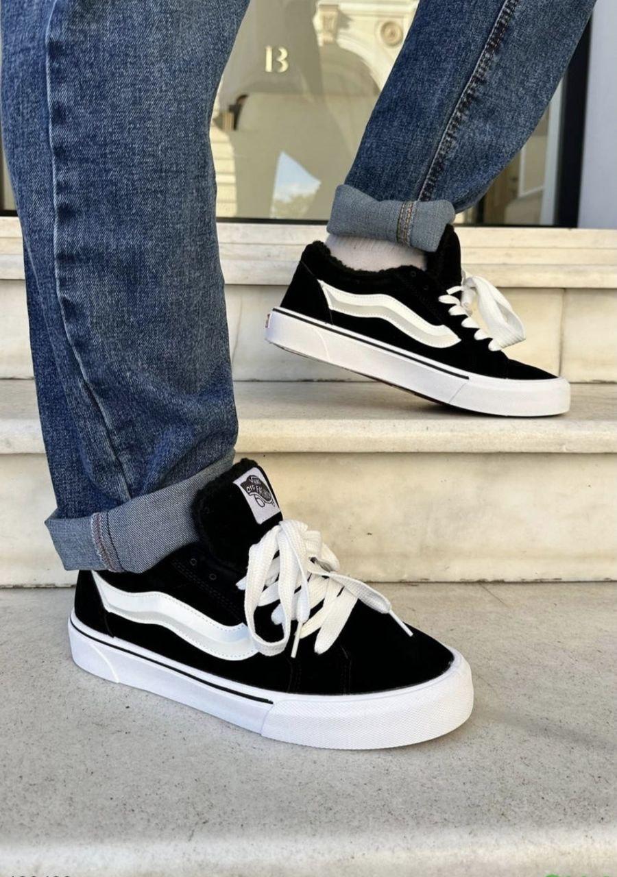 Кеды зимние черно-белые замшевые на флисе теплые женские мужские кроссовки ВАНС