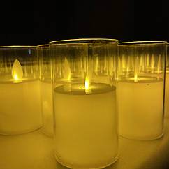 Набір LED електронних свічок у склянці 12 шт (9×5,5 см) ефект живого полум'я, на батарейках, нічник у разі вимкнення світла