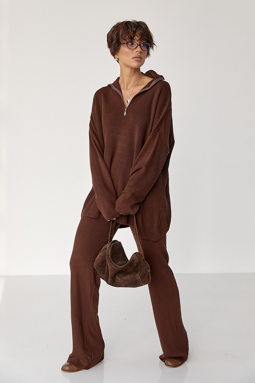 Вільний костюм в рубчик зі светром і прямими штанами - коричневий цвет, ONE SIZE (є розміри), фото 1